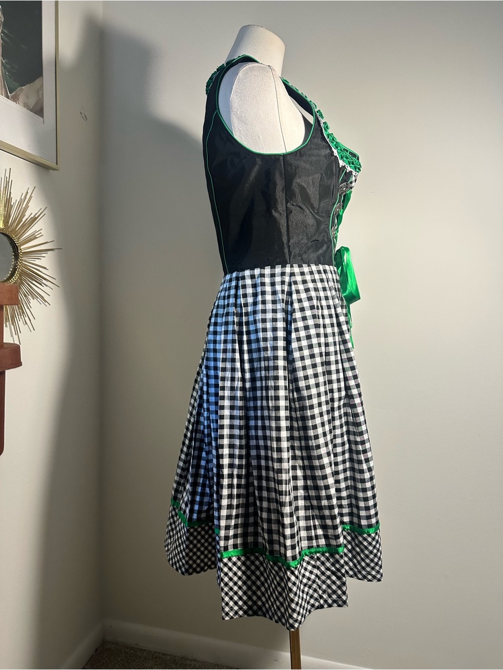 Bergweiss Dirndl Dress Black White Gingham Green Oktoberfest German Size 36 (4) - Picture 6 of 10